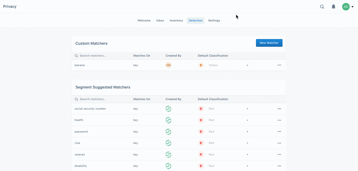 Animation of a user creating a new matcher, SIN, with the exact matching setting selected.
